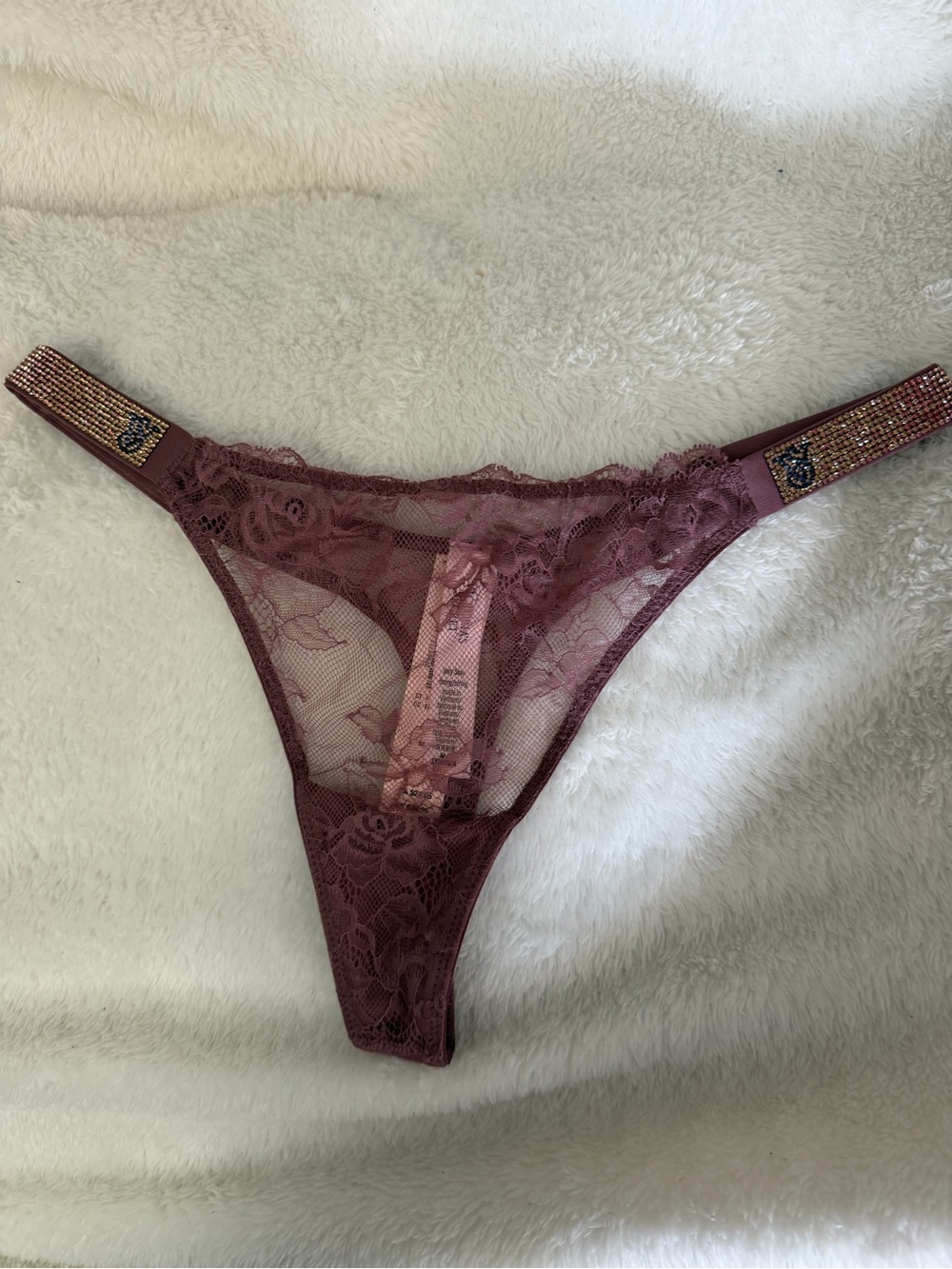 VICTORIAs SECRET Mauve LACE Irridescent SHINE STRAP Lace Thong PANTIES Medium
